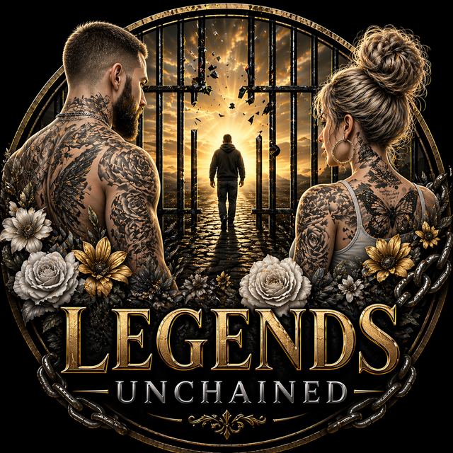 Legends Unchained founders emblem — two figures watching a man walk free through broken gates into the sunrise