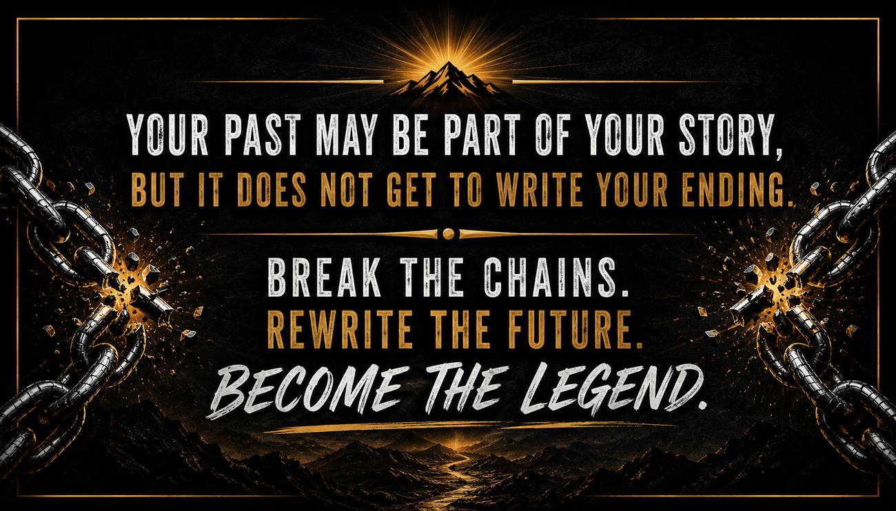 Black and gold banner with breaking chains reading: Your past may be part of your story, but it does not get to write your ending. Break the chains. Rewrite the future. Become the legend.